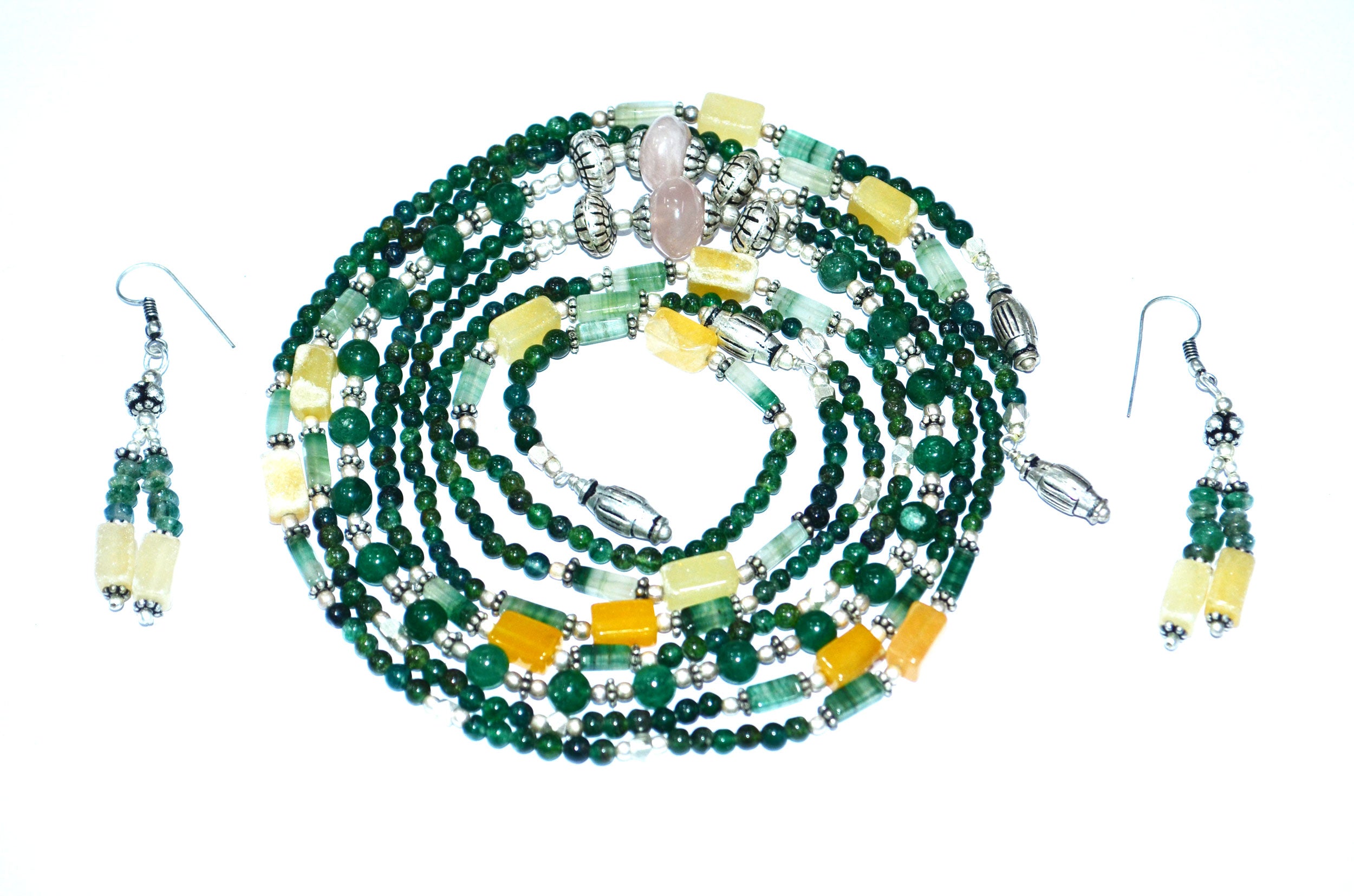 Natural Green & Yellow Aventurine and Rose Quartz Multi-Strand Necklace & Earrings Set – Open-Ended Beaded Layering Statement Jewelry, 32889