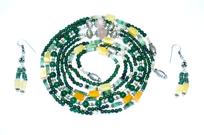 Natural Green & Yellow Aventurine and Rose Quartz Multi-Strand Necklace & Earrings Set – Open-Ended Beaded Layering Statement Jewelry, 32889