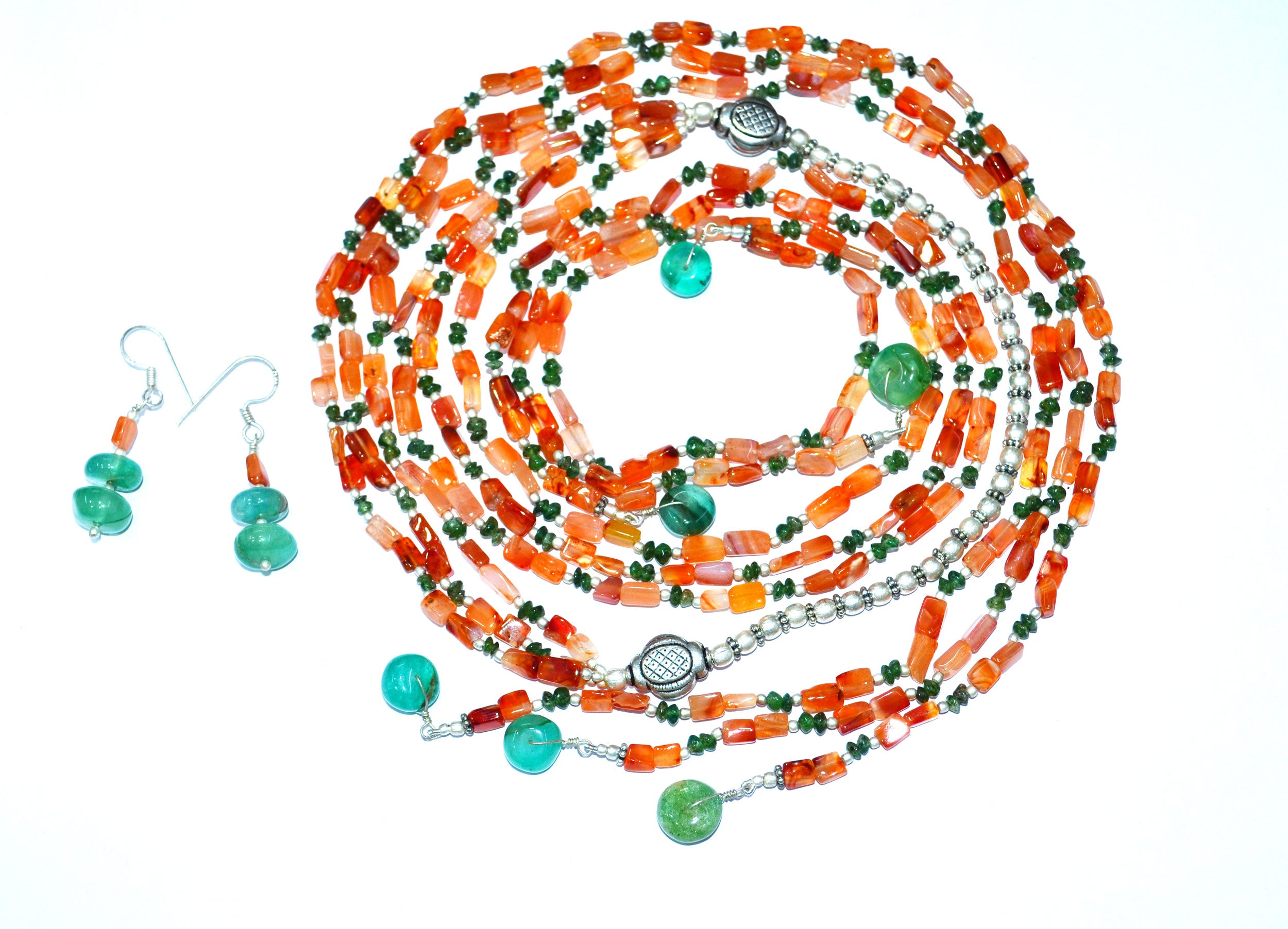 Natural Carnelian & Green Aventurine Multi-Strand Necklace & Earrings Set – Open-Ended Beaded Layering Statement Jewelry, 32890