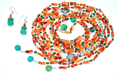 Natural Carnelian & Green Aventurine Multi-Strand Necklace & Earrings Set – Open-Ended Beaded Layering Statement Jewelry, 32890