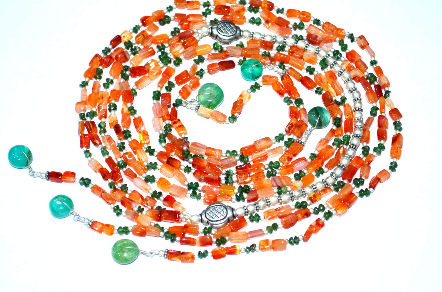 Natural Carnelian & Green Aventurine Multi-Strand Necklace & Earrings Set – Open-Ended Beaded Layering Statement Jewelry, 32890