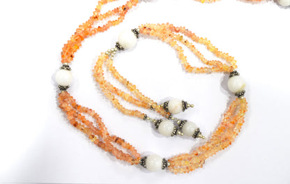 Natural Carnelian & White Agate Multi-Strand Necklace & Earrings Set – Open-Ended Beaded Layering Jewelry with Tassel Drops, 32891