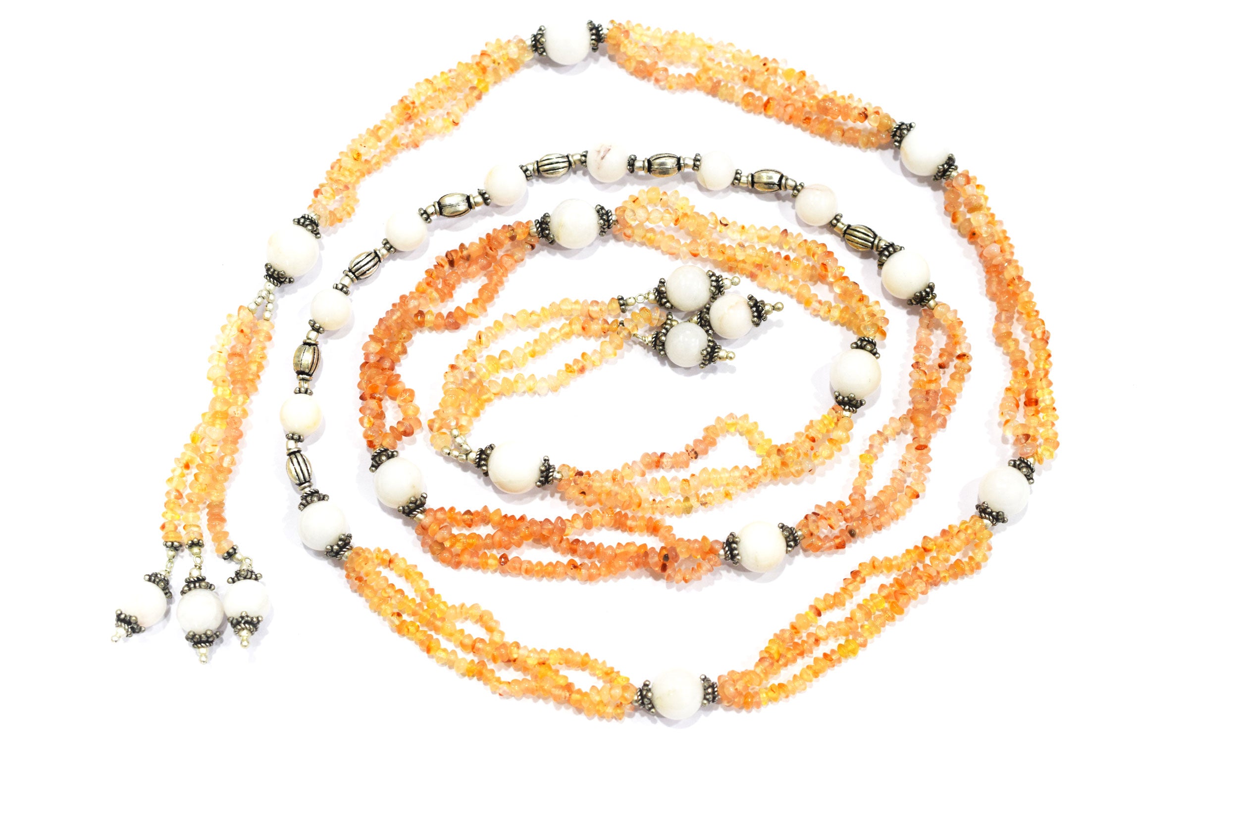 Natural Carnelian & White Agate Multi-Strand Necklace & Earrings Set – Open-Ended Beaded Layering Jewelry with Tassel Drops, 32891