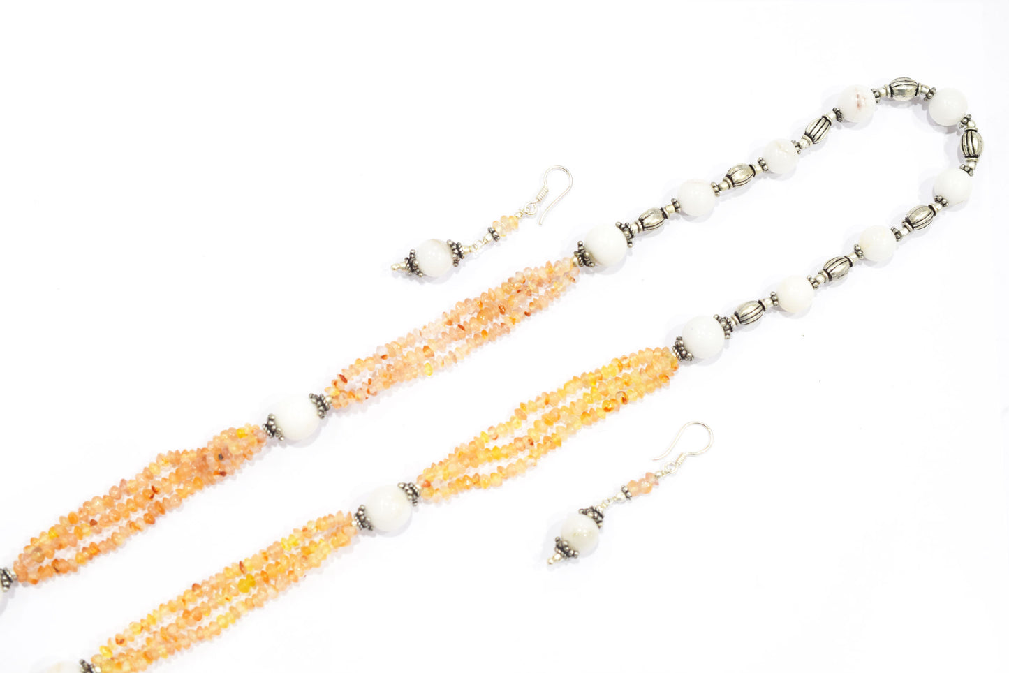 Natural Carnelian & White Agate Multi-Strand Necklace & Earrings Set – Open-Ended Beaded Layering Jewelry with Tassel Drops, 32891