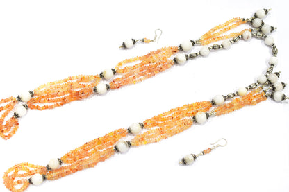 Natural Carnelian & White Agate Multi-Strand Necklace & Earrings Set – Open-Ended Beaded Layering Jewelry with Tassel Drops, 32891