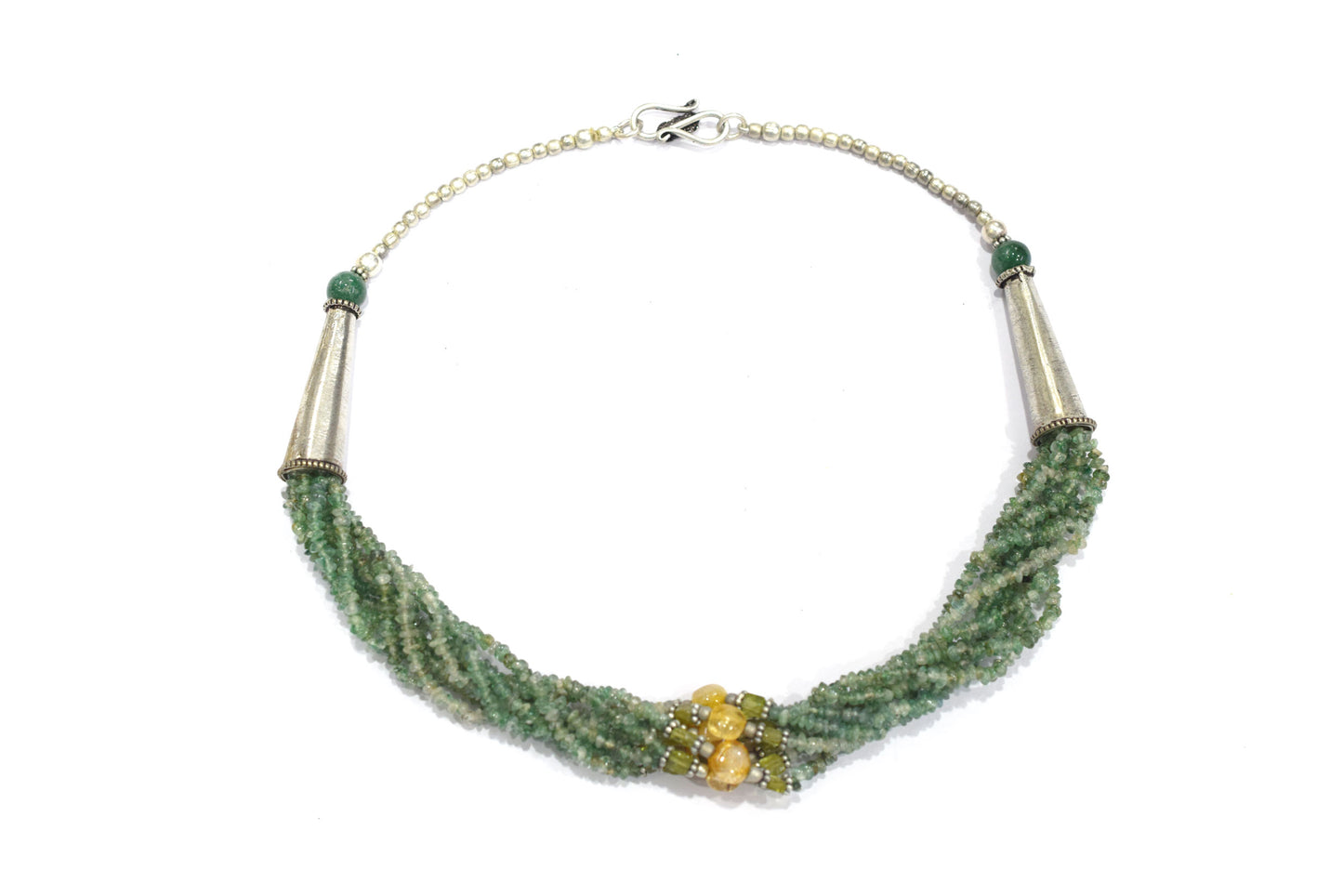 Multi-Strand Green Aventurine and Citrine Gemstone Statement Necklace – Handcrafted Crystal Bib Necklace with Sterling Silver Accents, 32892