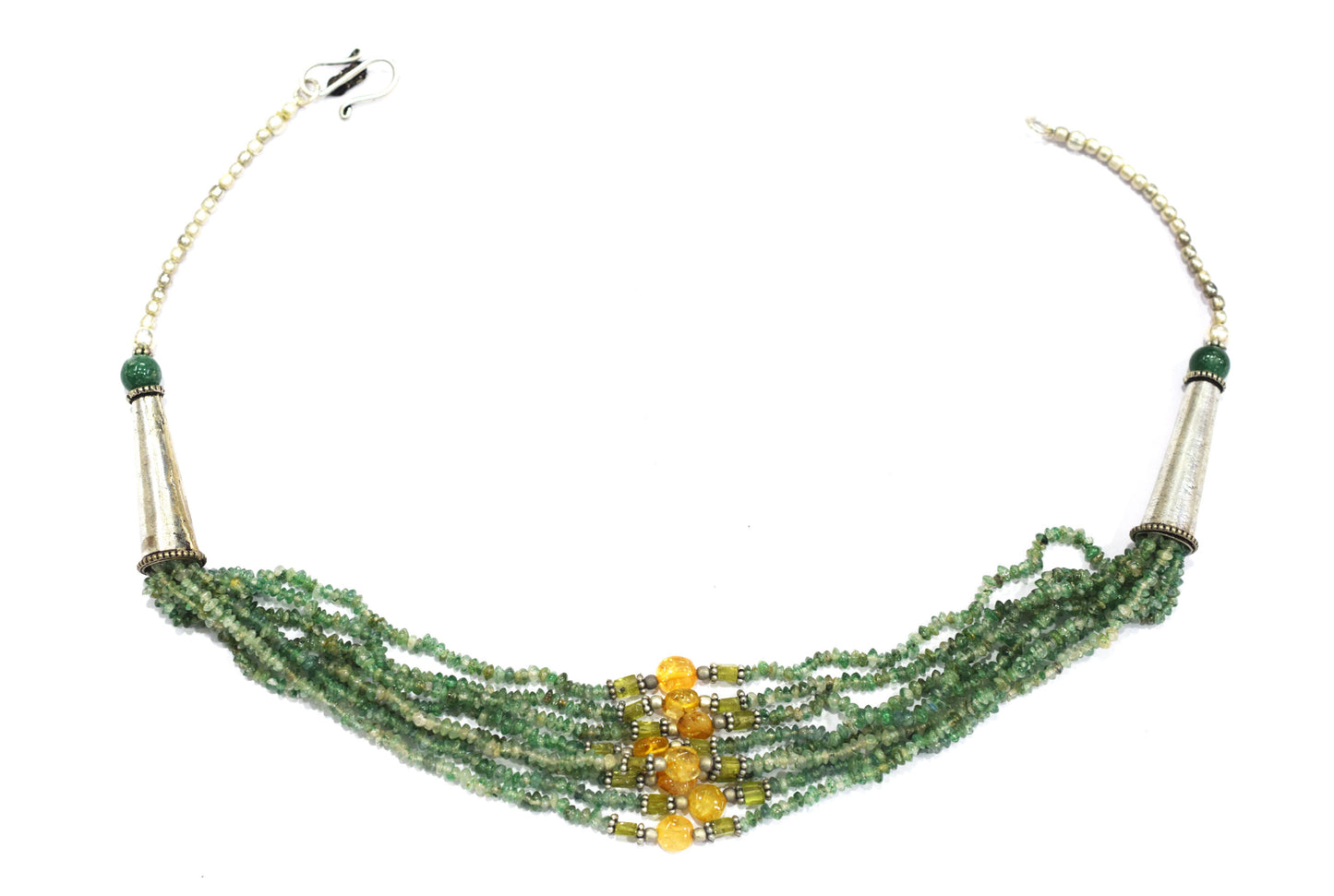 Multi-Strand Green Aventurine and Citrine Gemstone Statement Necklace – Handcrafted Crystal Bib Necklace with Sterling Silver Accents, 32892