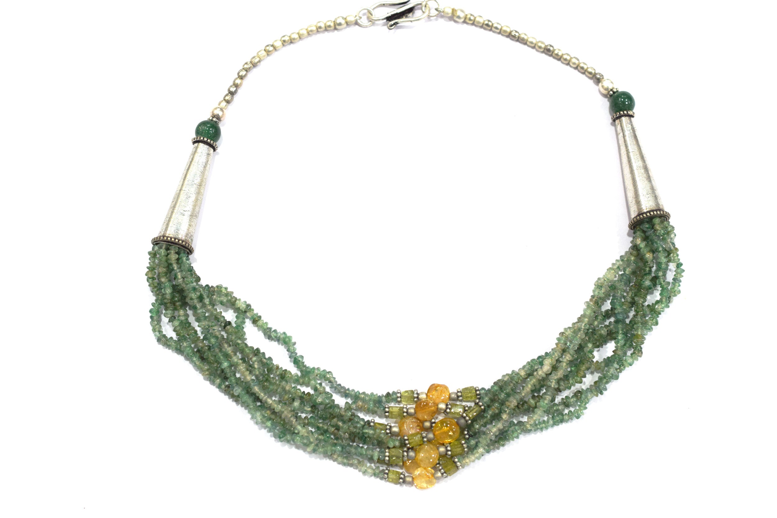 Multi-Strand Green Aventurine and Citrine Gemstone Statement Necklace – Handcrafted Crystal Bib Necklace with Sterling Silver Accents, 32892