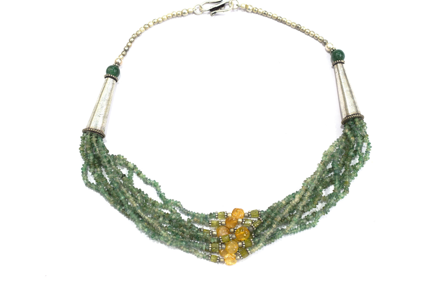 Multi-Strand Green Aventurine and Citrine Gemstone Statement Necklace – Handcrafted Crystal Bib Necklace with Sterling Silver Accents, 32892