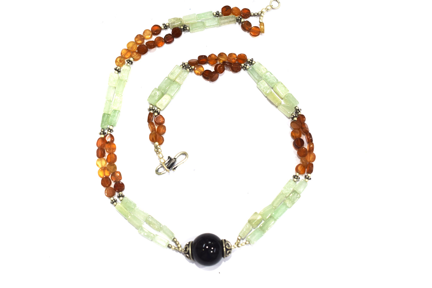 Green Aventurine and Garnet Double-Strand Necklace with Black Onyx Focal Bead,32893
