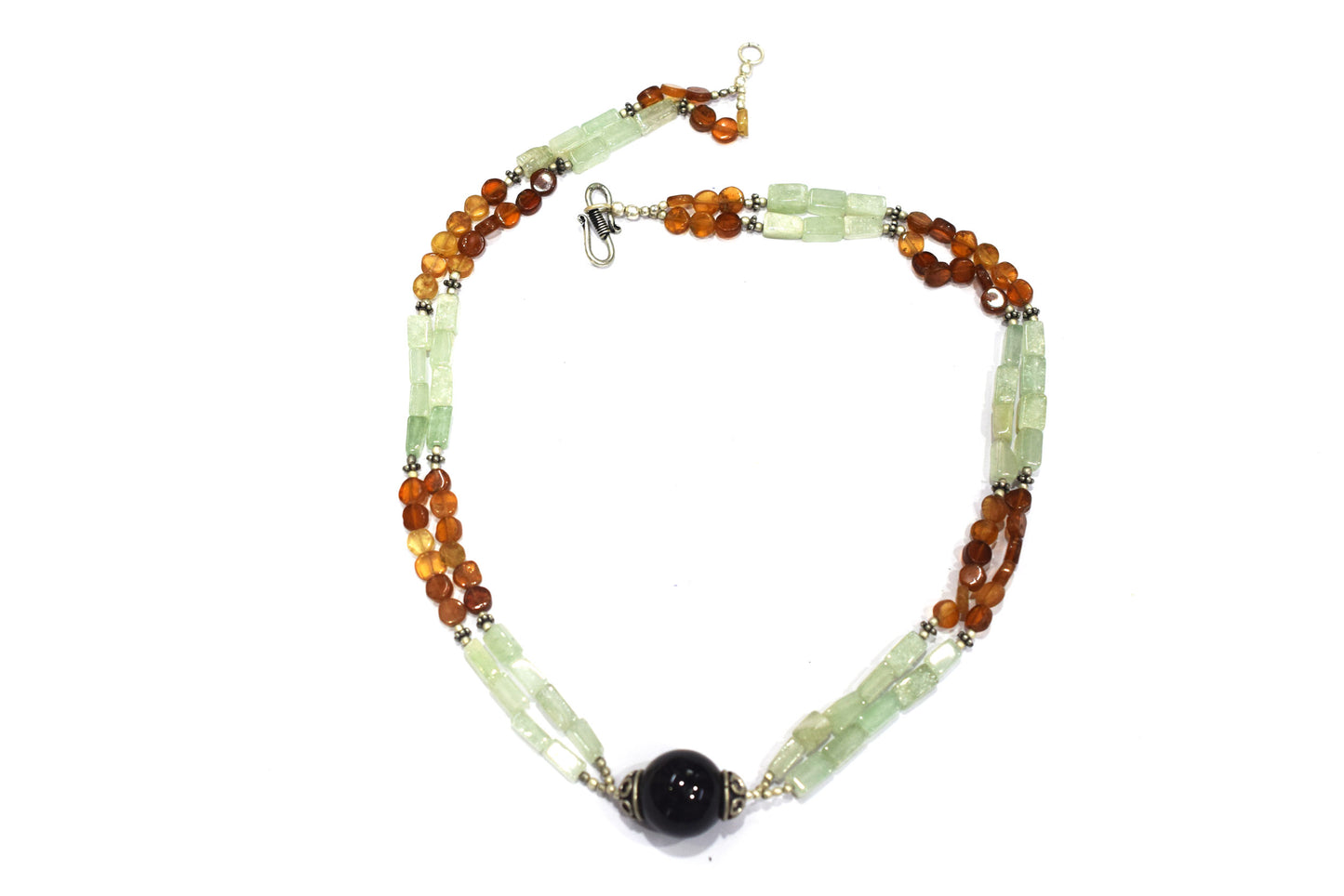 Green Aventurine and Garnet Double-Strand Necklace with Black Onyx Focal Bead,32893