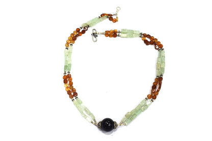Green Aventurine and Garnet Double-Strand Necklace with Black Onyx Focal Bead,32893