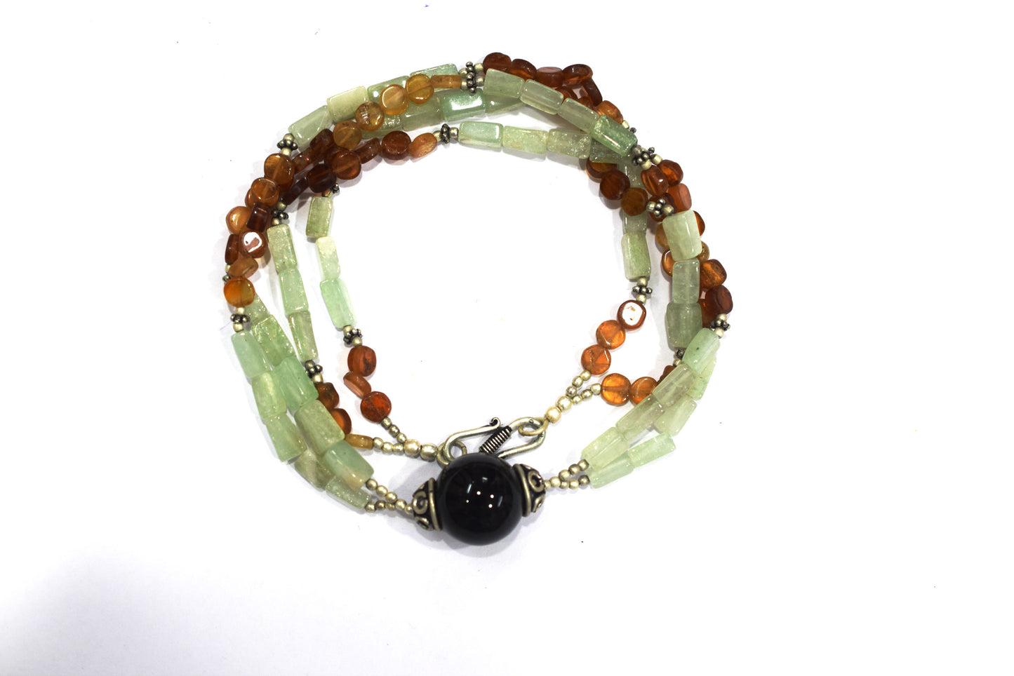 Green Aventurine and Garnet Double-Strand Necklace with Black Onyx Focal Bead,32893