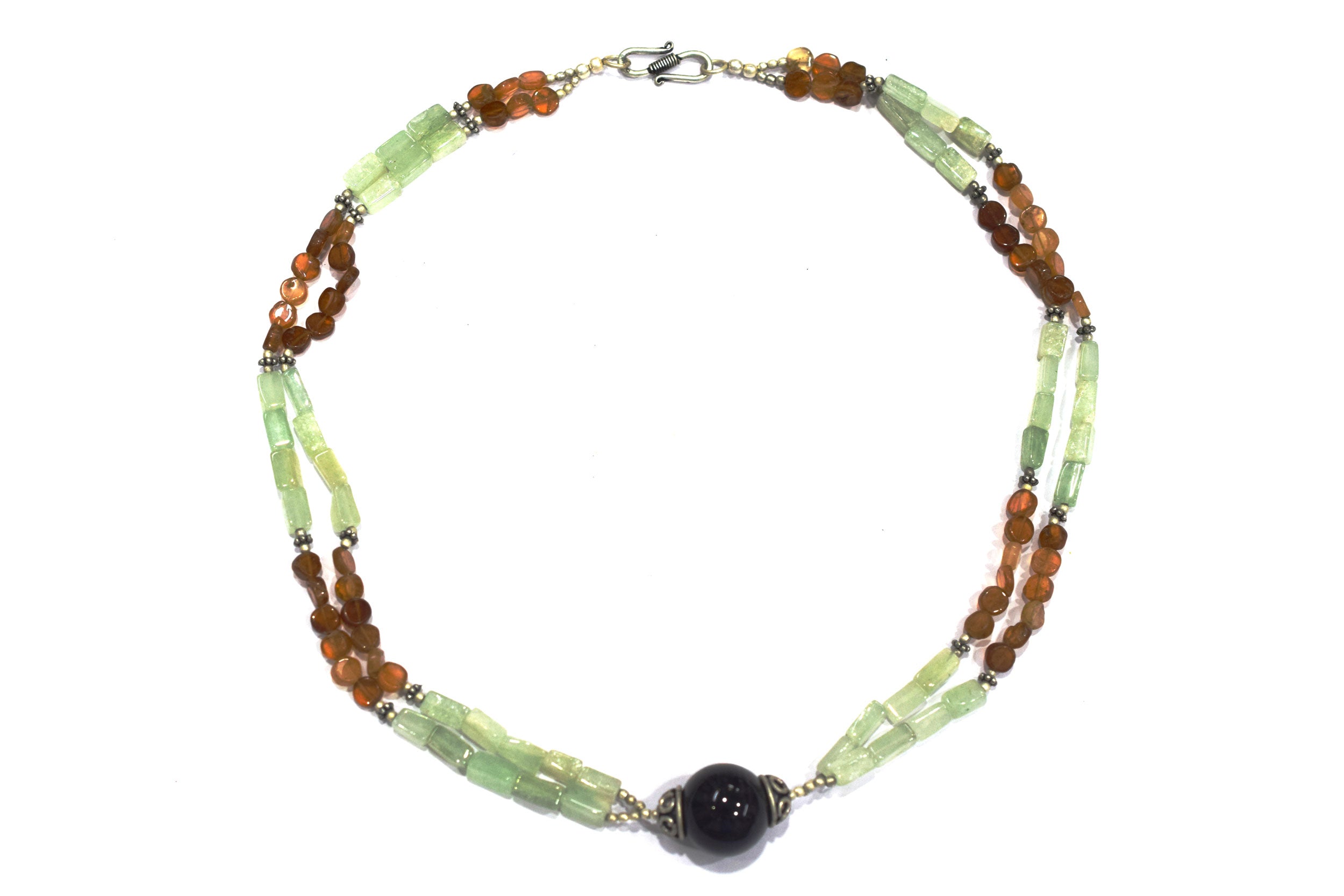 Green Aventurine and Garnet Double-Strand Necklace with Black Onyx Focal Bead,32893