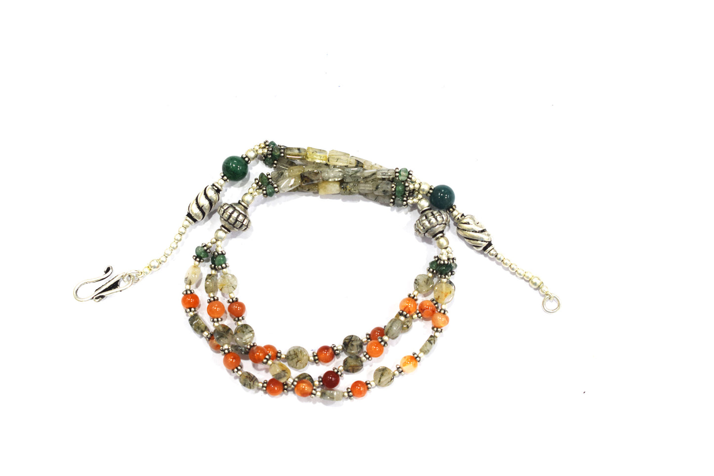 Multi-Strand Carnelian and Rutilated Quartz Necklace – Green Aventurine Accent Beaded Statement Jewelry,32895