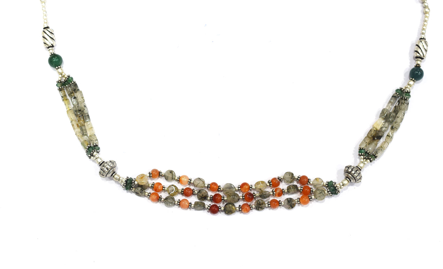 Multi-Strand Carnelian and Rutilated Quartz Necklace – Green Aventurine Accent Beaded Statement Jewelry,32895