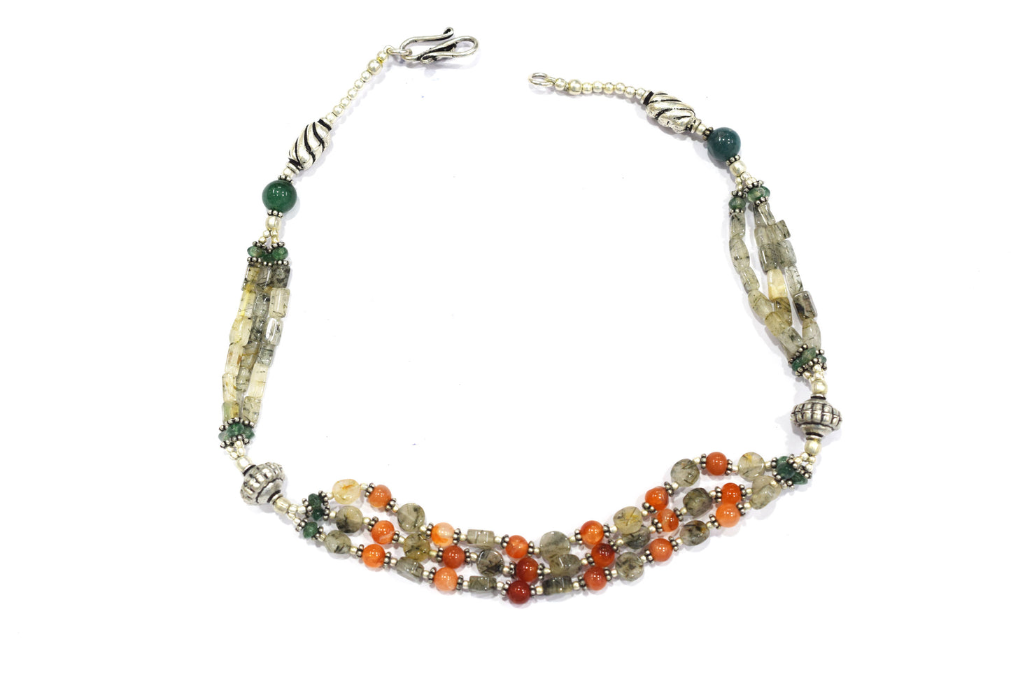 Multi-Strand Carnelian and Rutilated Quartz Necklace – Green Aventurine Accent Beaded Statement Jewelry,32895
