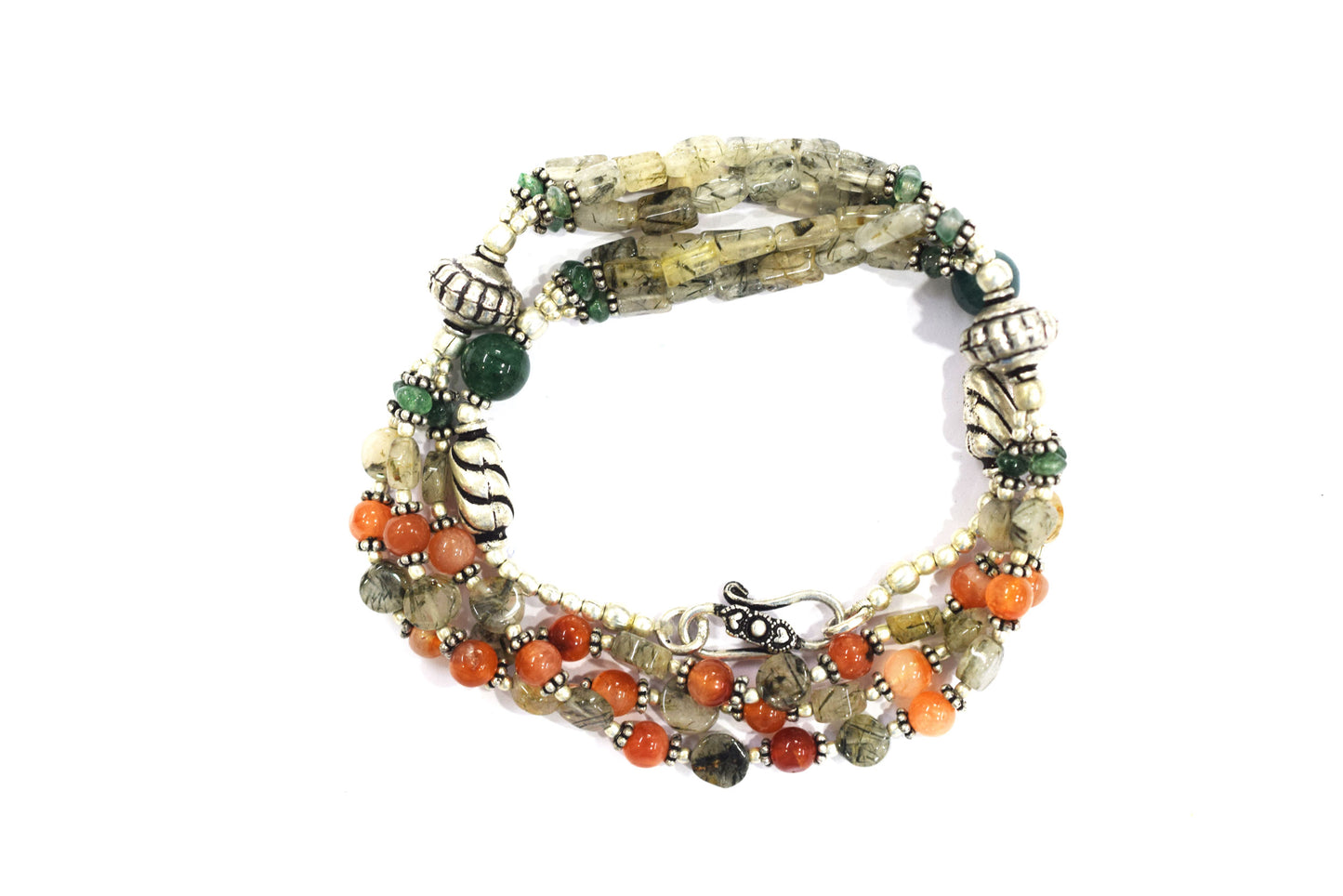 Multi-Strand Carnelian and Rutilated Quartz Necklace – Green Aventurine Accent Beaded Statement Jewelry,32895