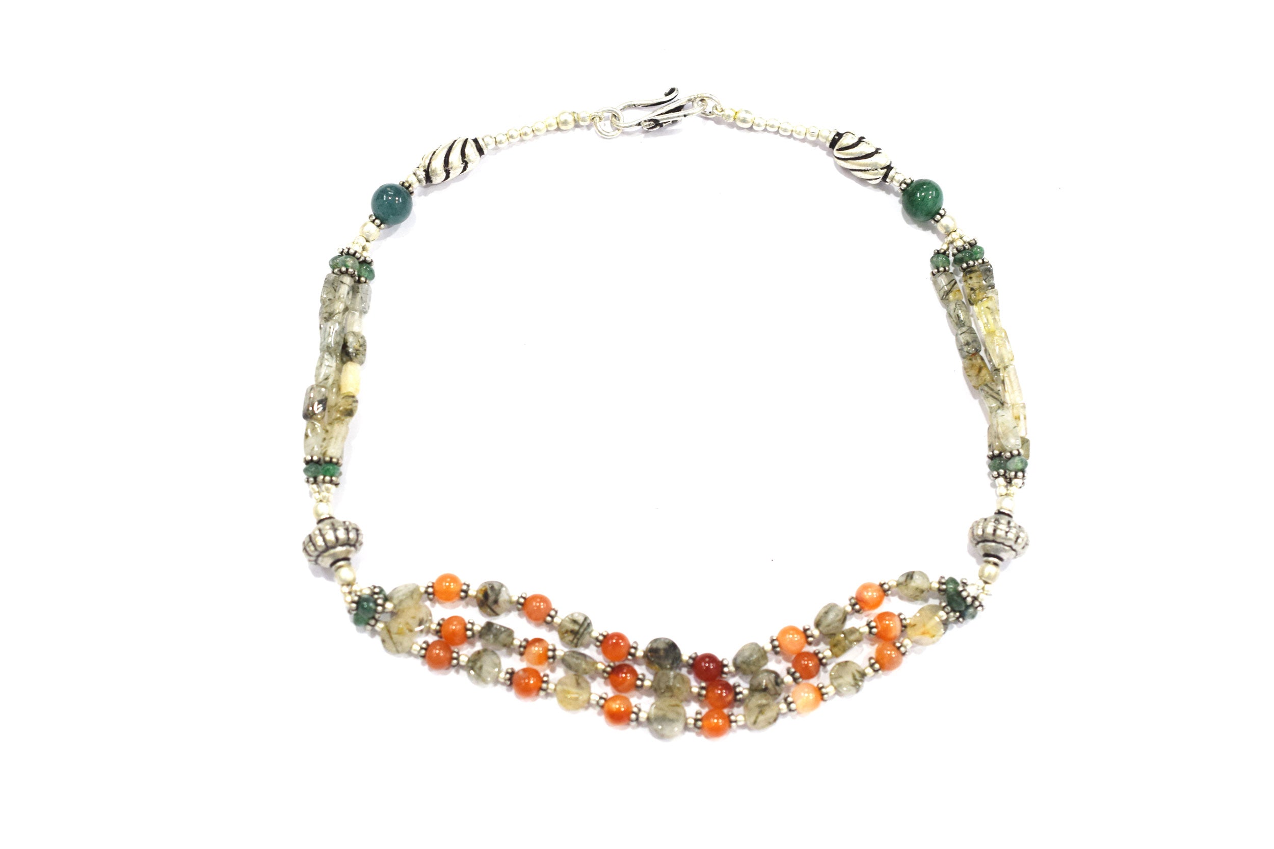 Multi-Strand Carnelian and Rutilated Quartz Necklace – Green Aventurine Accent Beaded Statement Jewelry,32895