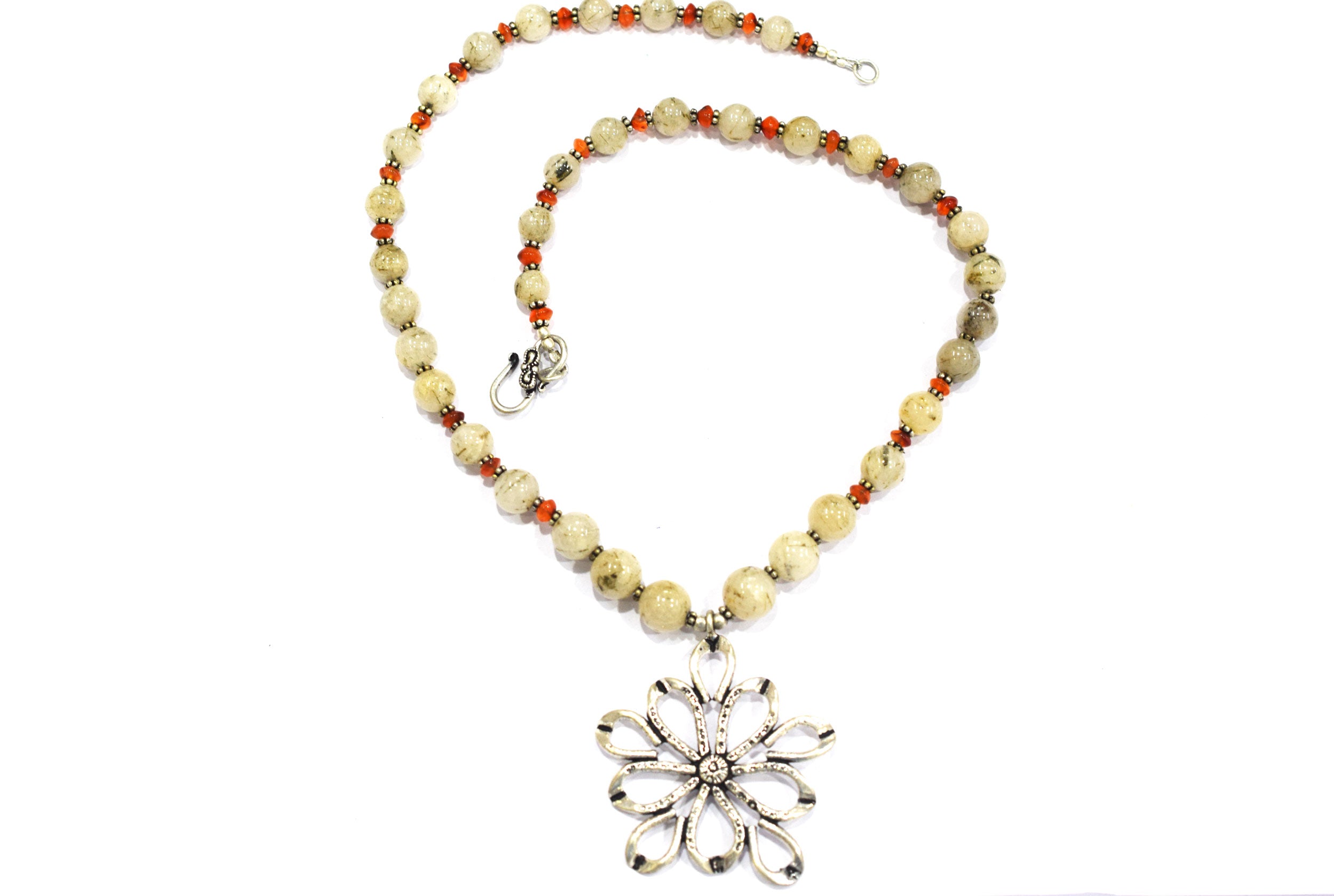 Rutilated Quartz and Carnelian Beaded Necklace – Handcrafted Gemstone Strand with Large Silver Flower Pendant, 32896