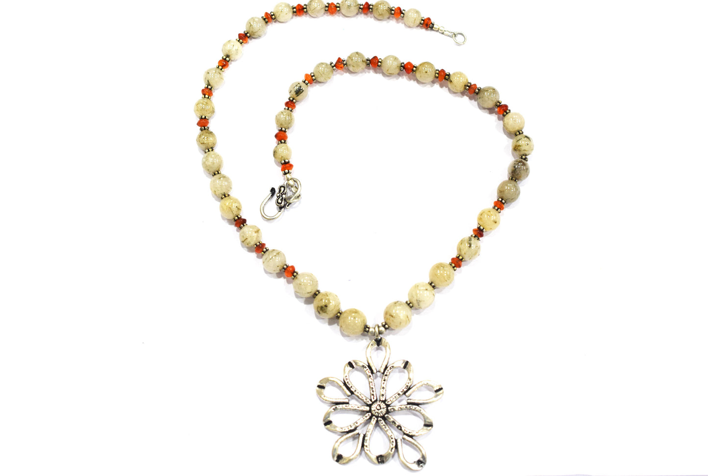 Rutilated Quartz and Carnelian Beaded Necklace – Handcrafted Gemstone Strand with Large Silver Flower Pendant, 32896