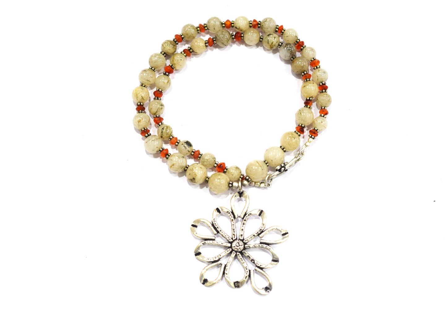 Rutilated Quartz and Carnelian Beaded Necklace – Handcrafted Gemstone Strand with Large Silver Flower Pendant, 32896