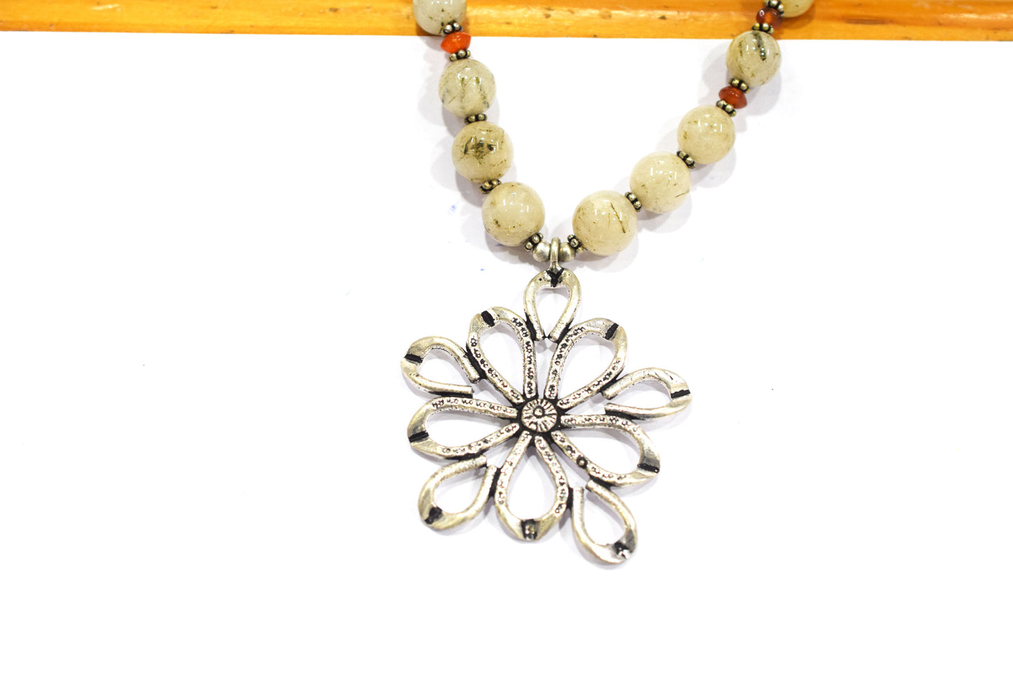 Rutilated Quartz and Carnelian Beaded Necklace – Handcrafted Gemstone Strand with Large Silver Flower Pendant, 32896