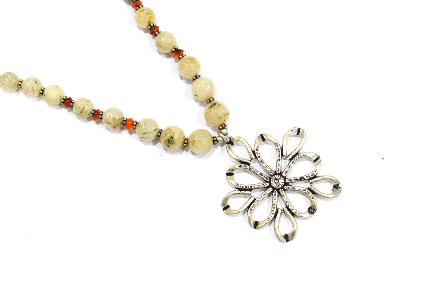 Rutilated Quartz and Carnelian Beaded Necklace – Handcrafted Gemstone Strand with Large Silver Flower Pendant, 32896