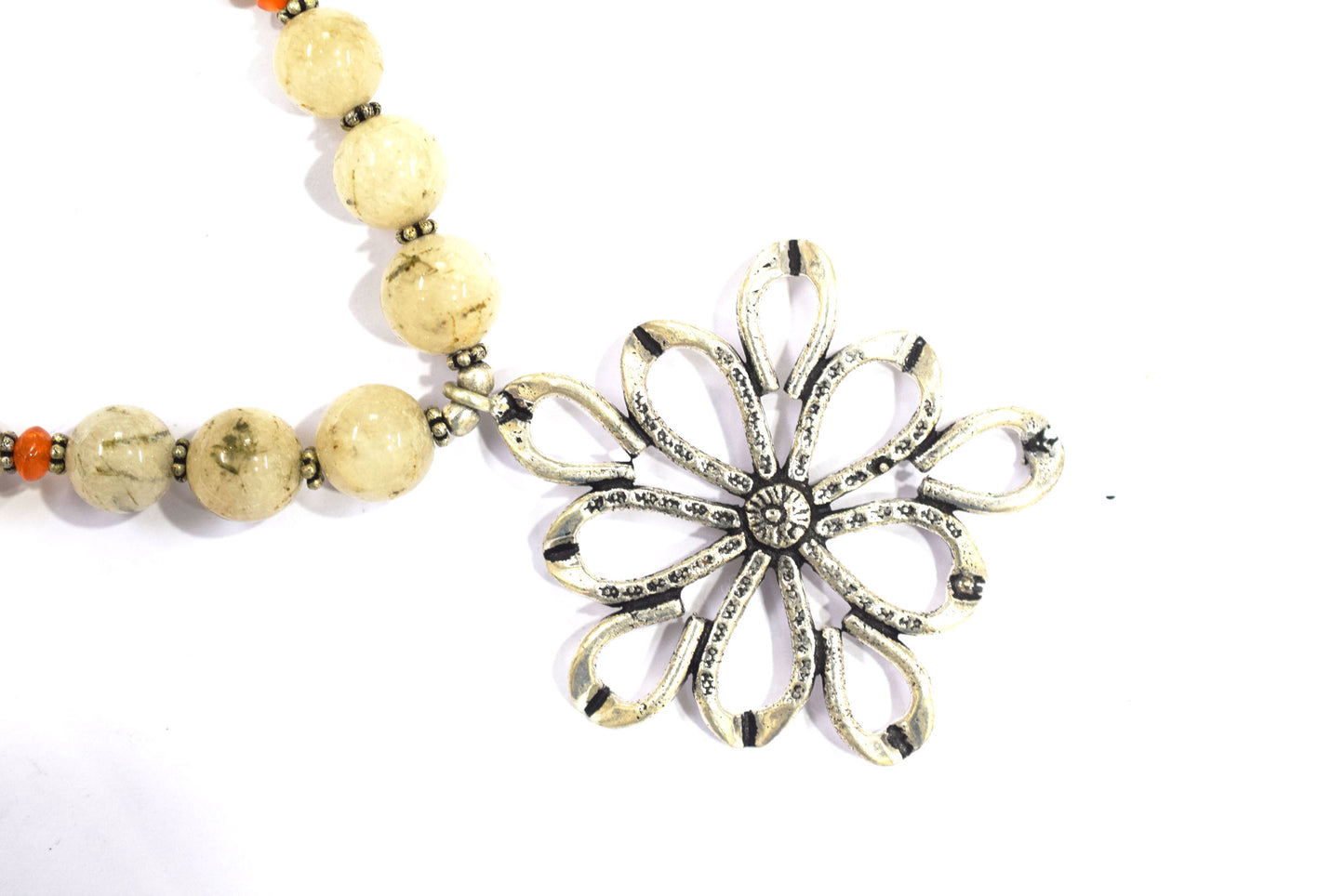 Rutilated Quartz and Carnelian Beaded Necklace – Handcrafted Gemstone Strand with Large Silver Flower Pendant, 32896