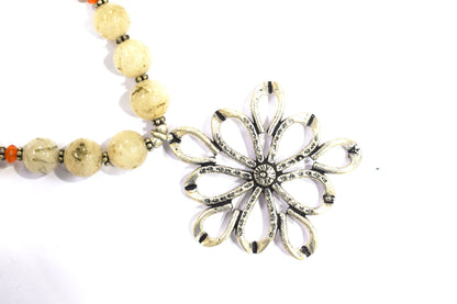 Rutilated Quartz and Carnelian Beaded Necklace – Handcrafted Gemstone Strand with Large Silver Flower Pendant, 32896