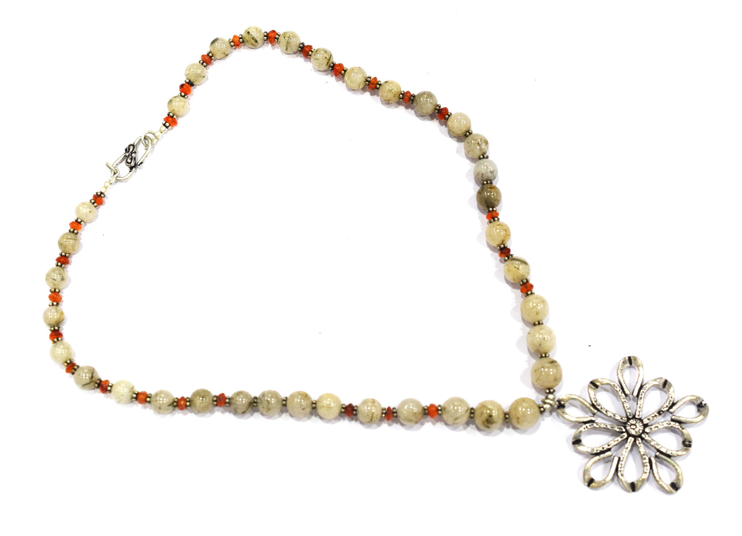 Rutilated Quartz and Carnelian Beaded Necklace – Handcrafted Gemstone Strand with Large Silver Flower Pendant, 32896