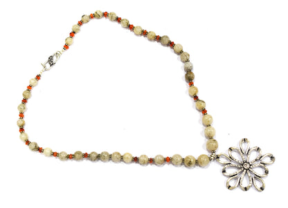 Rutilated Quartz and Carnelian Beaded Necklace – Handcrafted Gemstone Strand with Large Silver Flower Pendant, 32896