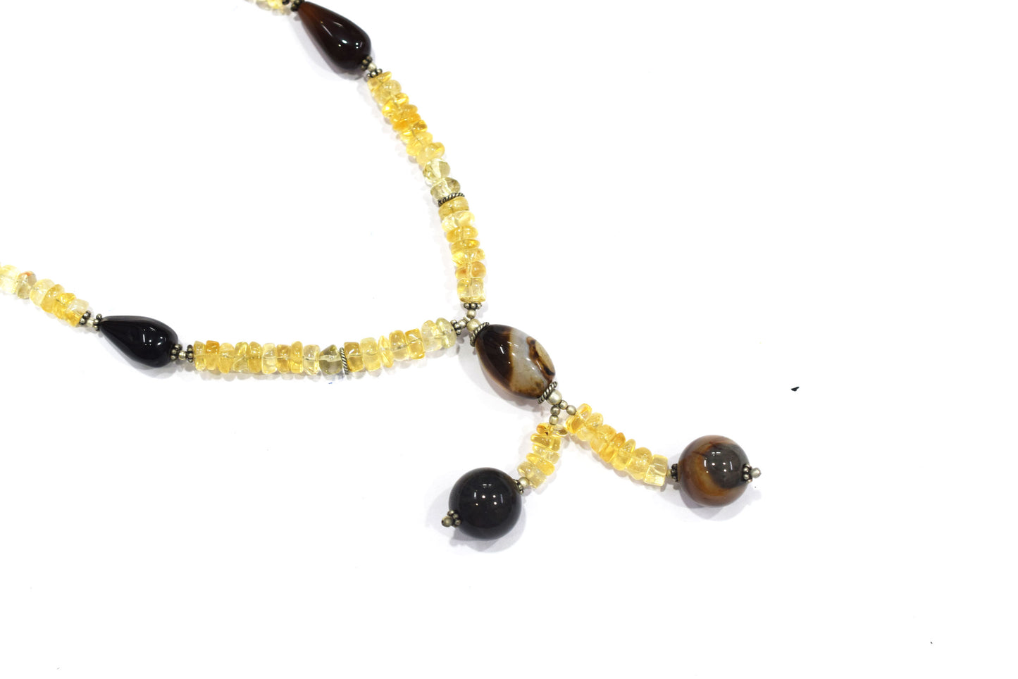 Citrine Crystal Chip Strand Necklace – Natural Agate Droplet Accent Beaded Lariat Choker with Y-Pendant, 32897