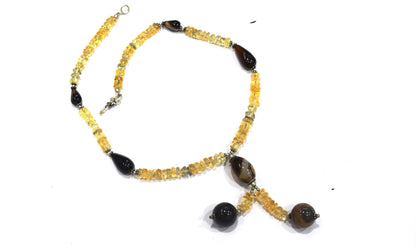 Citrine Crystal Chip Strand Necklace – Natural Agate Droplet Accent Beaded Lariat Choker with Y-Pendant, 32897
