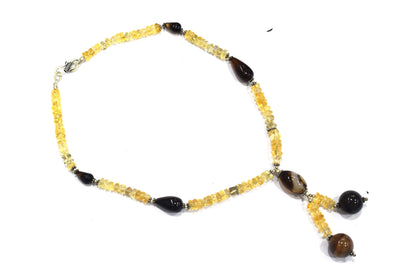 Citrine Crystal Chip Strand Necklace – Natural Agate Droplet Accent Beaded Lariat Choker with Y-Pendant, 32897