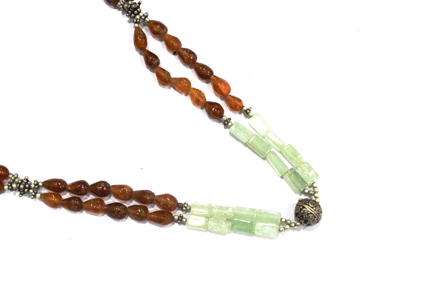 Double-Strand Hessonite Garnet and Green Aventurine Necklace – Handcrafted Crystal Statement Choker with Silver Focal Bead,32898