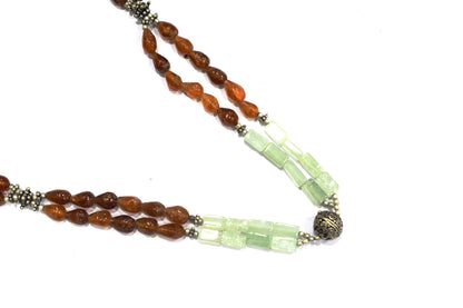 Double-Strand Hessonite Garnet and Green Aventurine Necklace – Handcrafted Crystal Statement Choker with Silver Focal Bead,32898