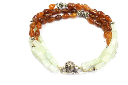 Double-Strand Hessonite Garnet and Green Aventurine Necklace – Handcrafted Crystal Statement Choker with Silver Focal Bead,32898