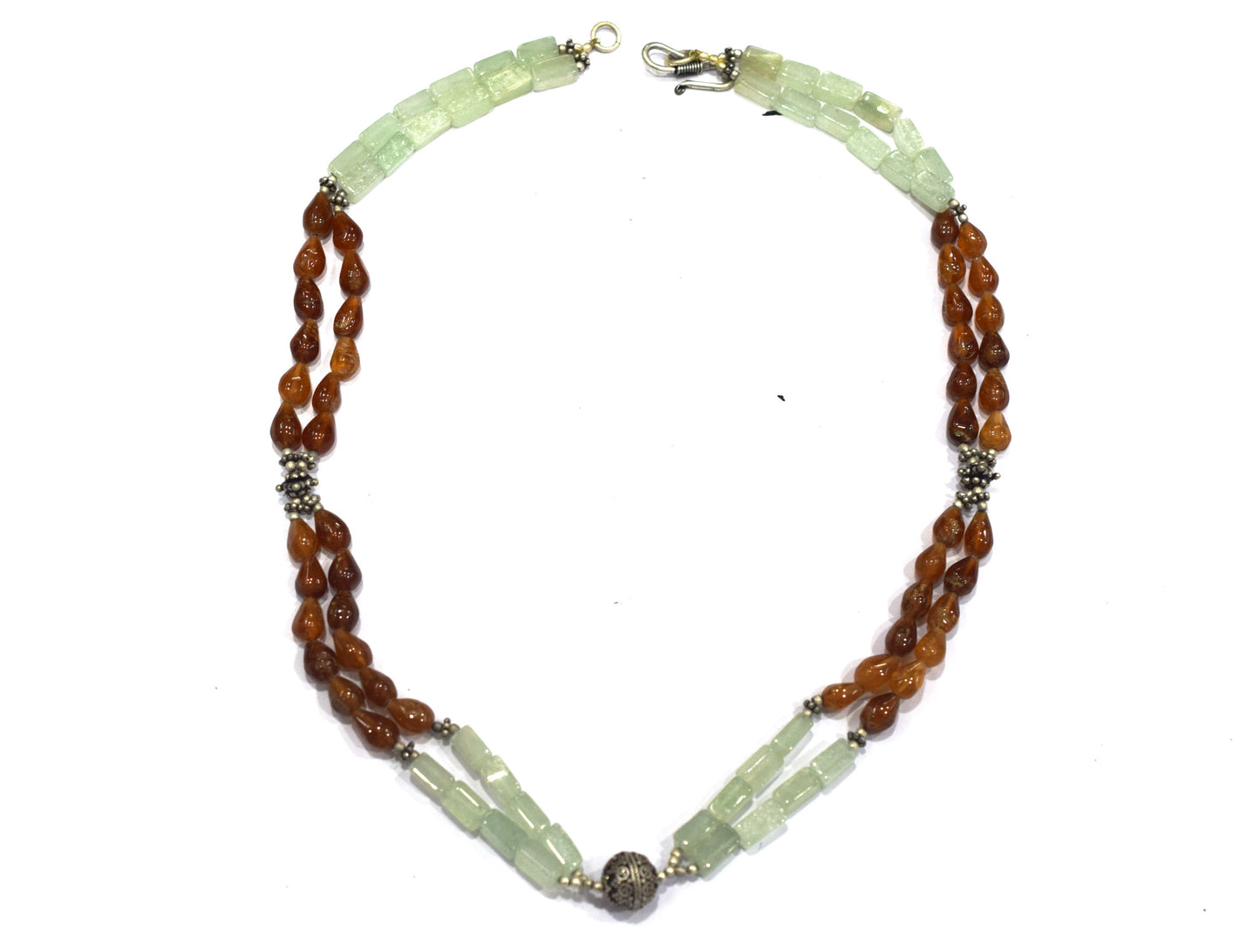 Double-Strand Hessonite Garnet and Green Aventurine Necklace – Handcrafted Crystal Statement Choker with Silver Focal Bead,32898