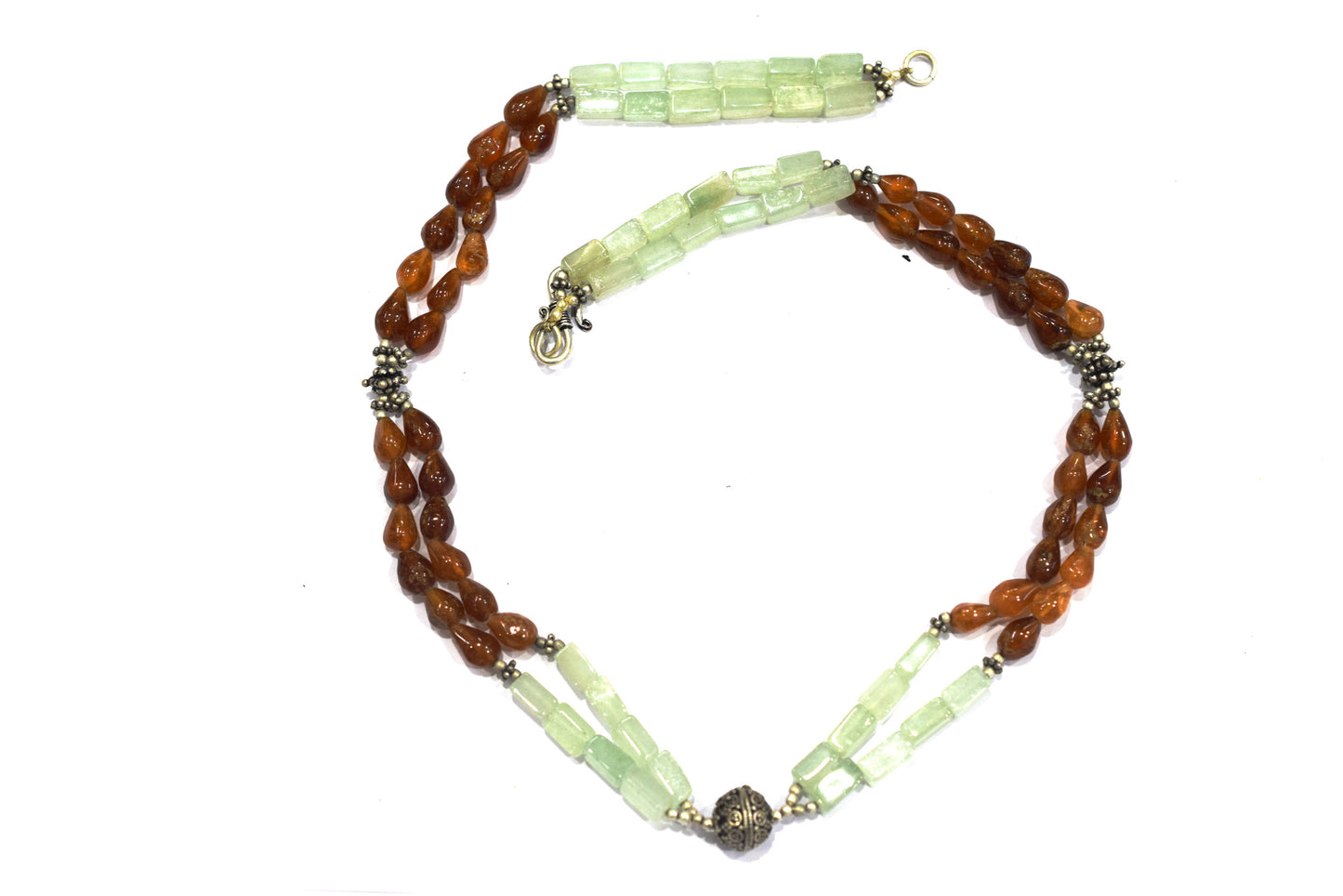 Double-Strand Hessonite Garnet and Green Aventurine Necklace – Handcrafted Crystal Statement Choker with Silver Focal Bead,32898