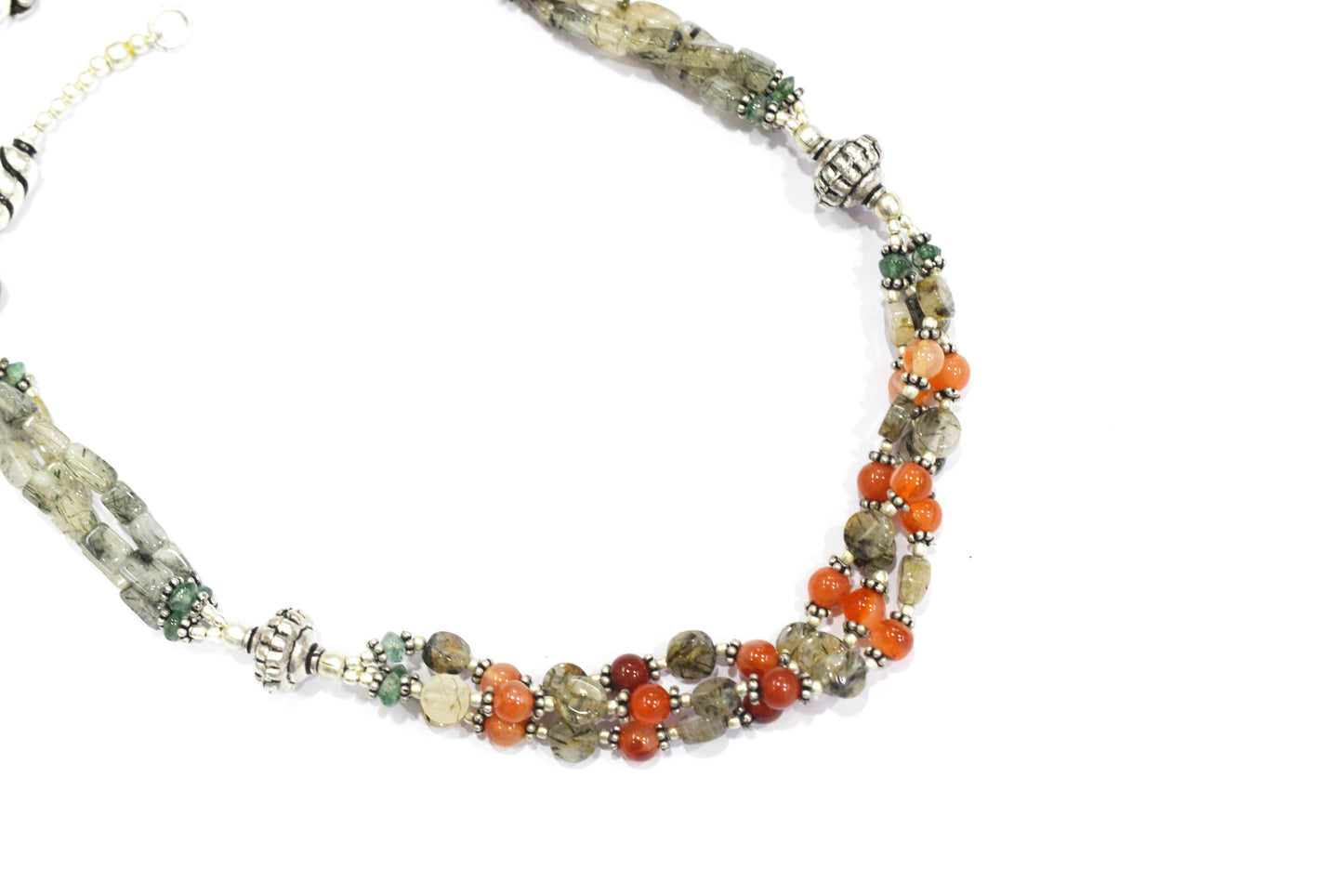 Multi-Strand Carnelian and Rutilated Quartz Necklace – Green Aventurine Accent Beaded Statement Jewelry,32899