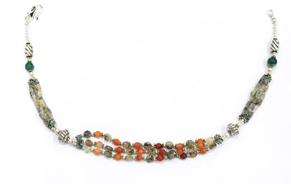 Multi-Strand Carnelian and Rutilated Quartz Necklace – Green Aventurine Accent Beaded Statement Jewelry,32899