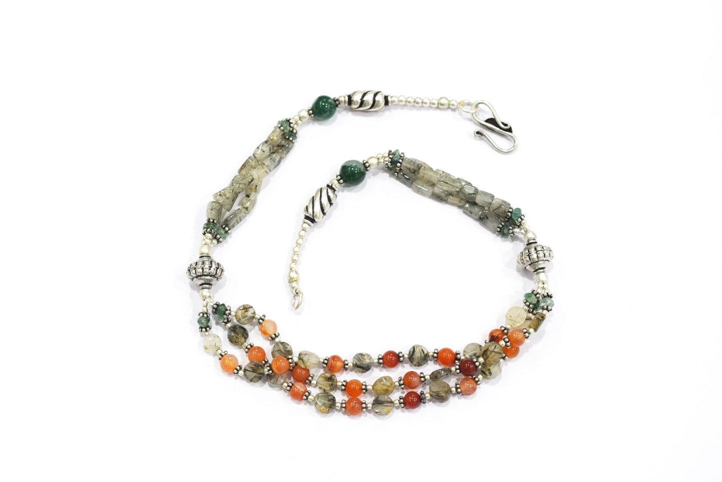 Multi-Strand Carnelian and Rutilated Quartz Necklace – Green Aventurine Accent Beaded Statement Jewelry,32899