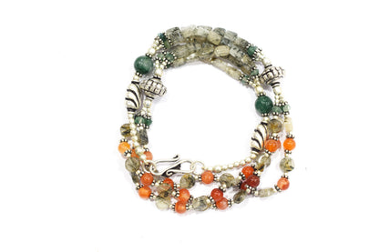 Multi-Strand Carnelian and Rutilated Quartz Necklace – Green Aventurine Accent Beaded Statement Jewelry,32899