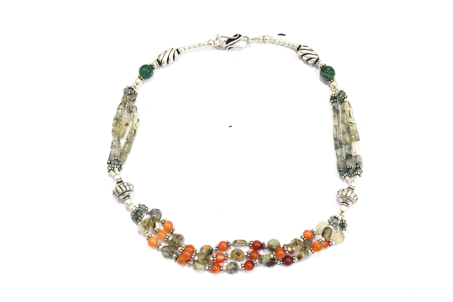 Multi-Strand Carnelian and Rutilated Quartz Necklace – Green Aventurine Accent Beaded Statement Jewelry,32899