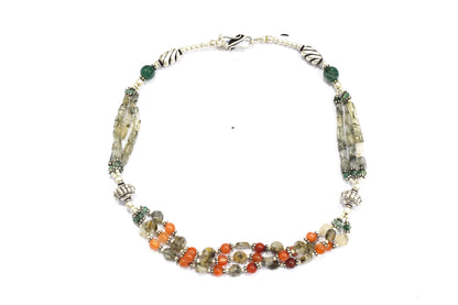 Multi-Strand Carnelian and Rutilated Quartz Necklace – Green Aventurine Accent Beaded Statement Jewelry,32899