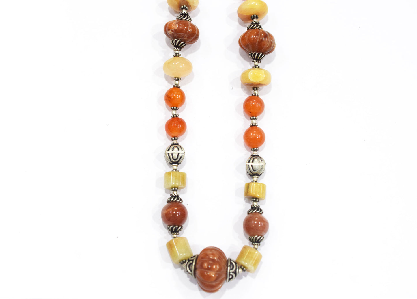 Natural Carnelian and Agate Beaded Necklace – Handcrafted Gemstone Strand with Carved Pumpkin Focal Beads,32900