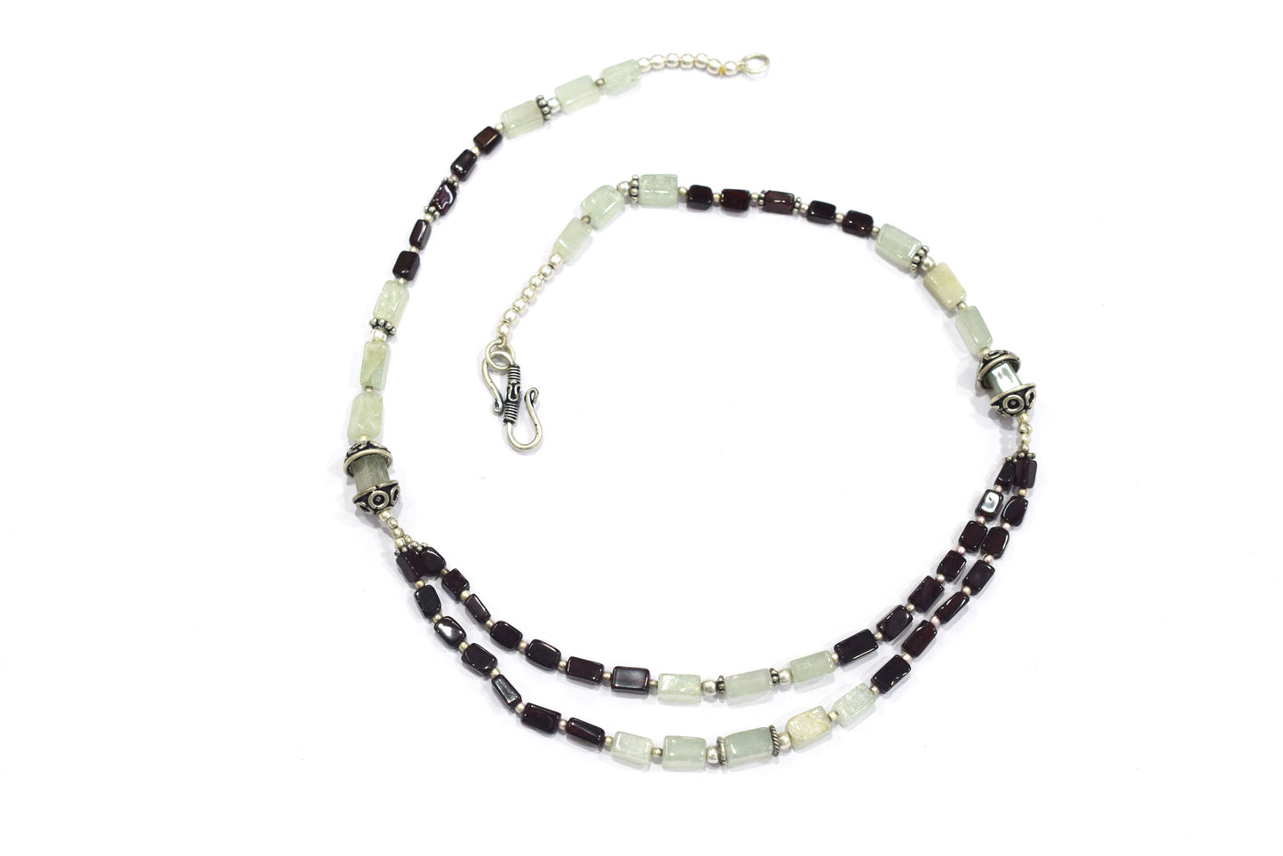 Double-Strand Garnet and Green Aventurine Necklace – Handcrafted Crystal Layered Choker with Silver Spacer Accents, 32901