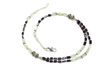 Double-Strand Garnet and Green Aventurine Necklace – Handcrafted Crystal Layered Choker with Silver Spacer Accents, 32901