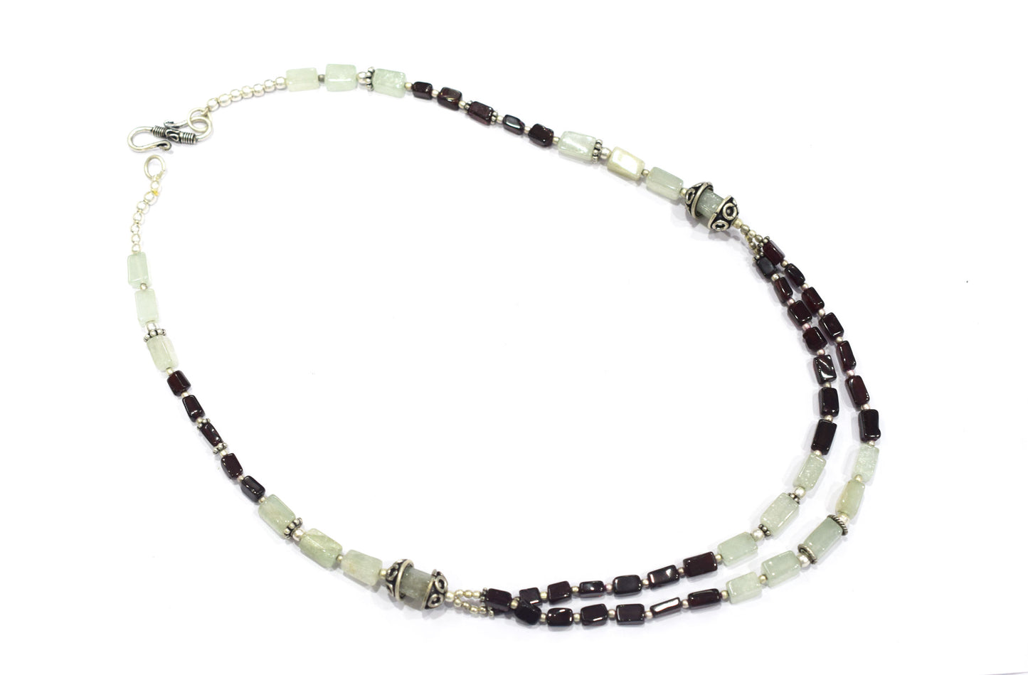 Double-Strand Garnet and Green Aventurine Necklace – Handcrafted Crystal Layered Choker with Silver Spacer Accents, 32901
